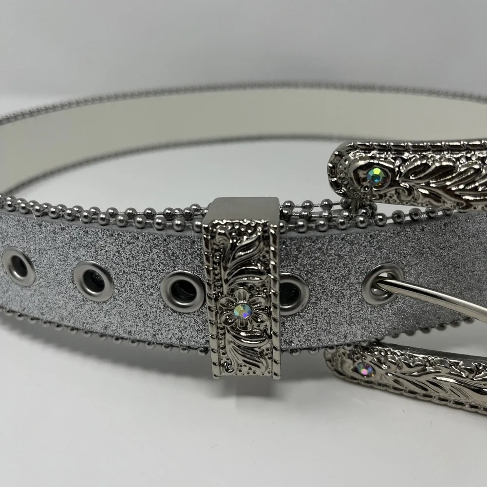Silver Glitter Rhinestone Belt | Bling Western Cowboy Crystal Buckle - 40 Inches